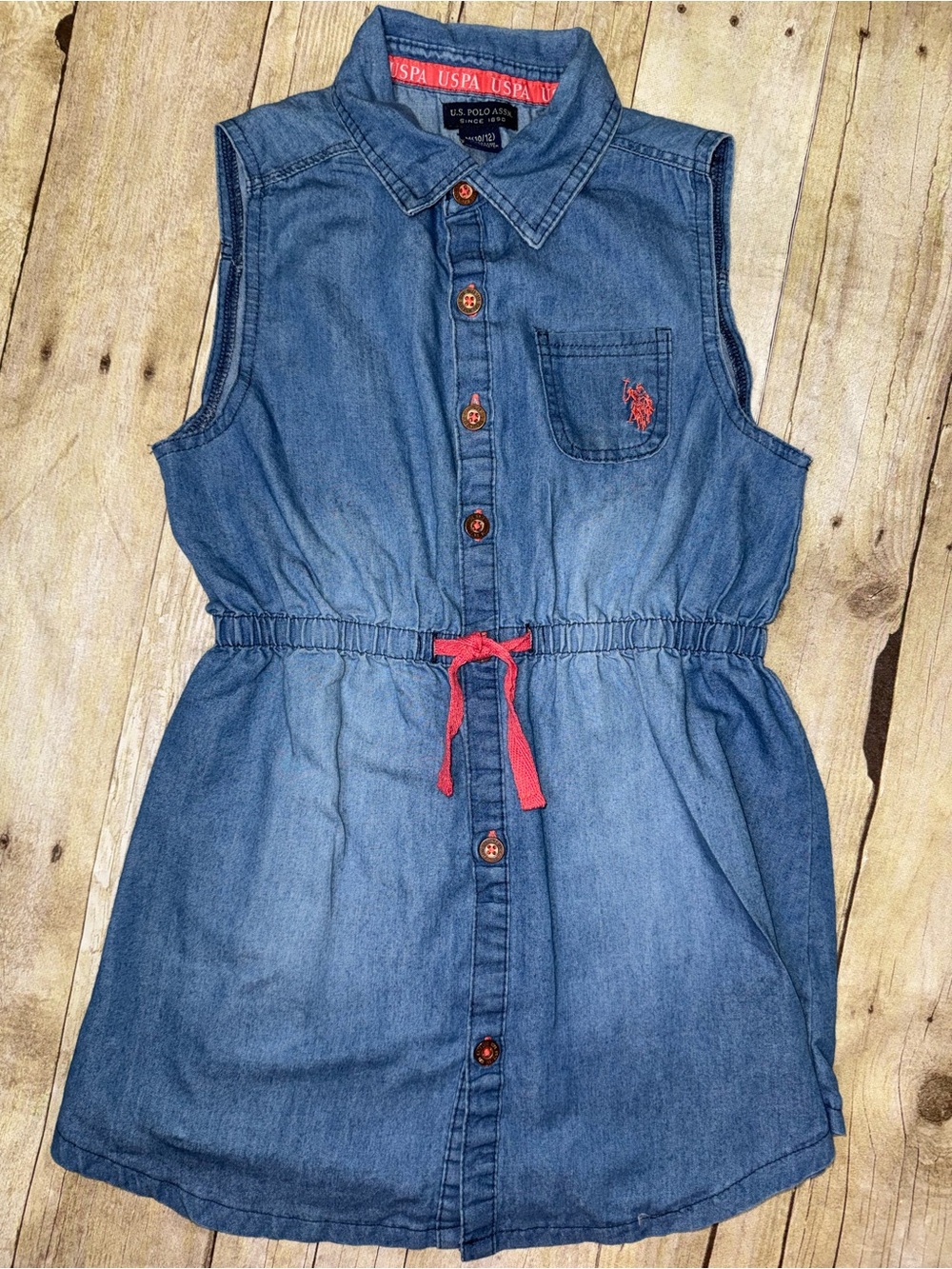 U.S. Polo Assn. Blue Denim Sleeveless Dress with pink Tie Medium 10/12